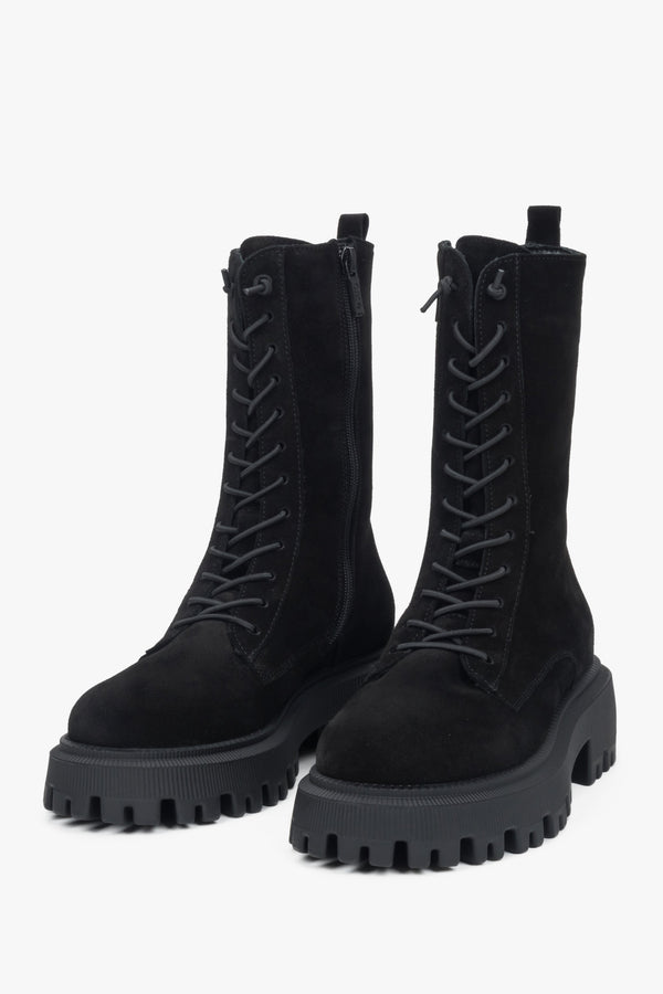 Black women's combat boots by Estro, made of luxurious Italian premium velour.