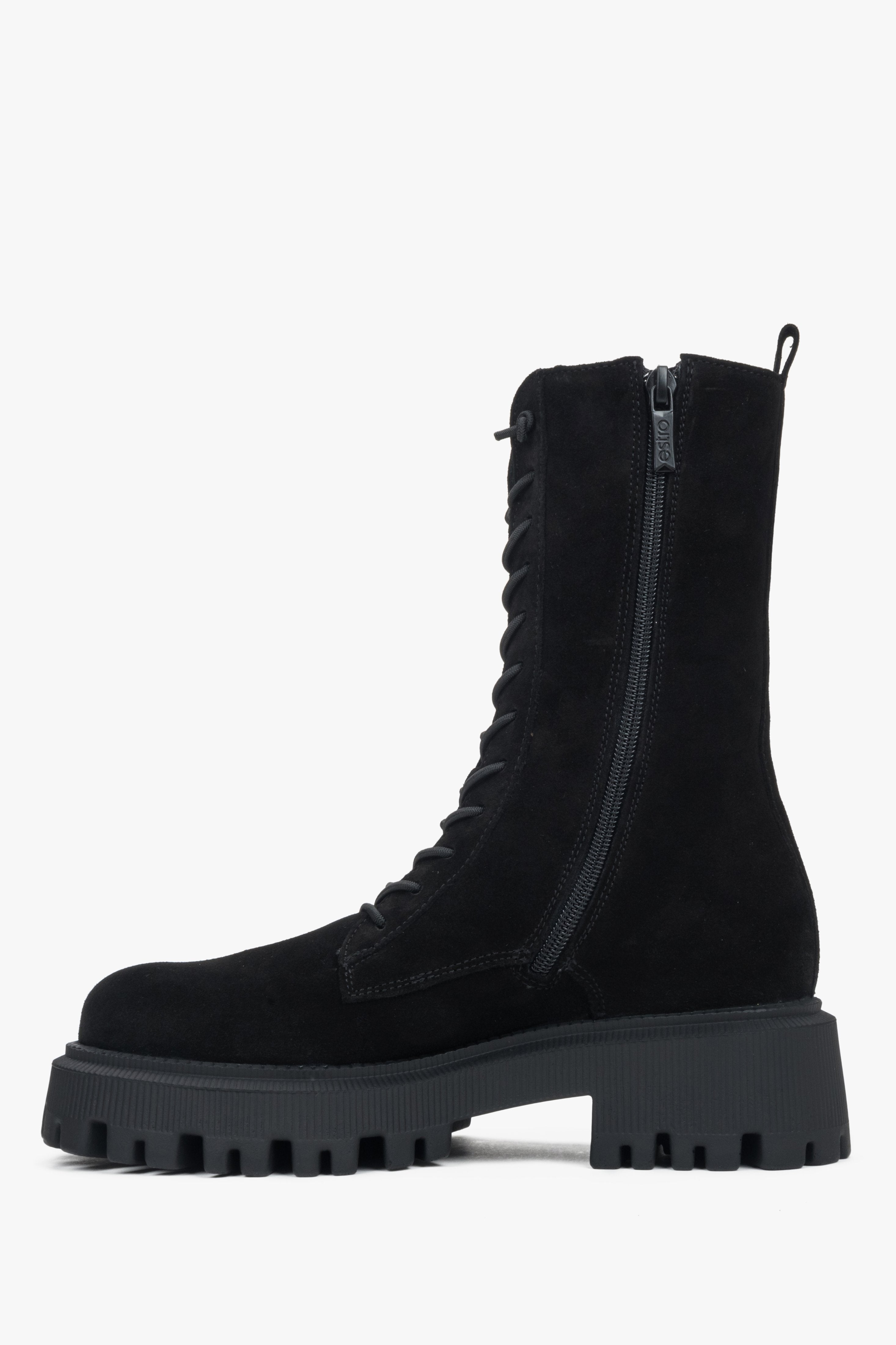 Black women's combat boots by Estro. High style, made of Italian premium velour.