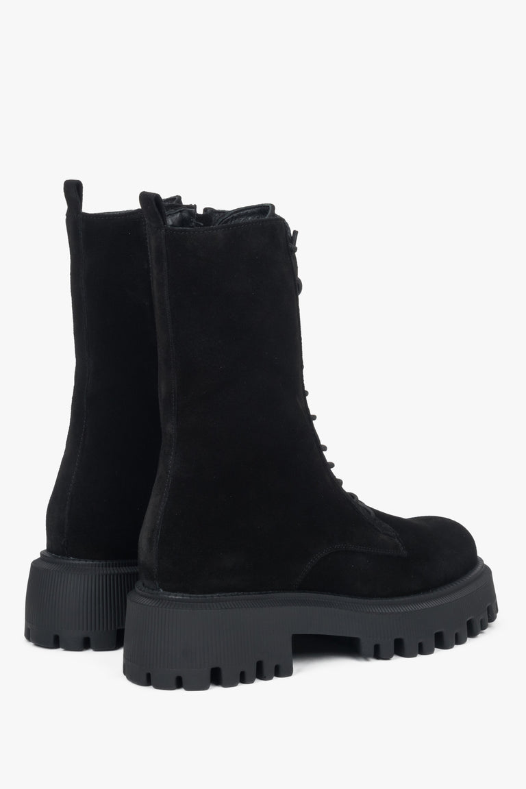 High black combat boots by Estro, made of soft premium genuine velour.