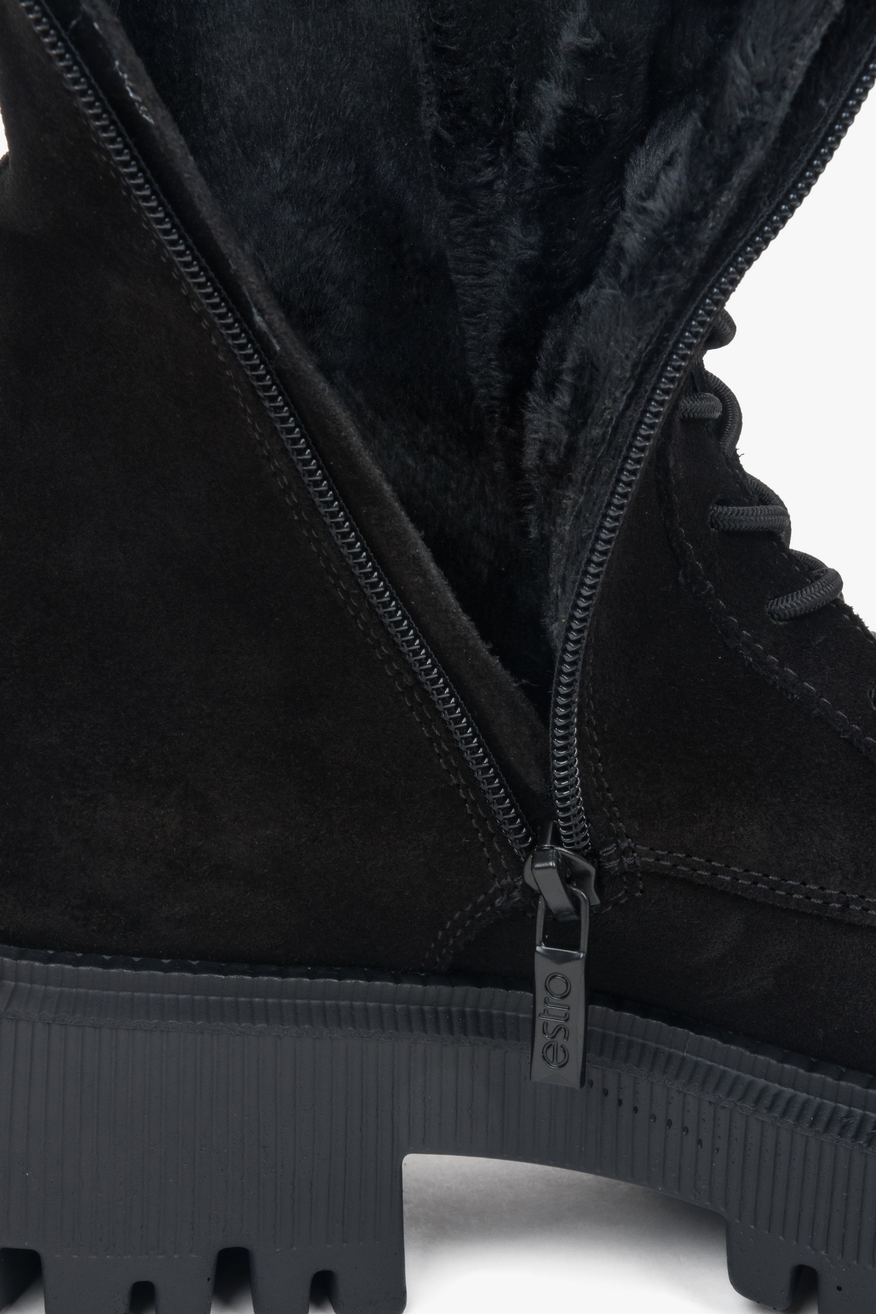 Black high combat boots made of premium Italian velour by Estro.