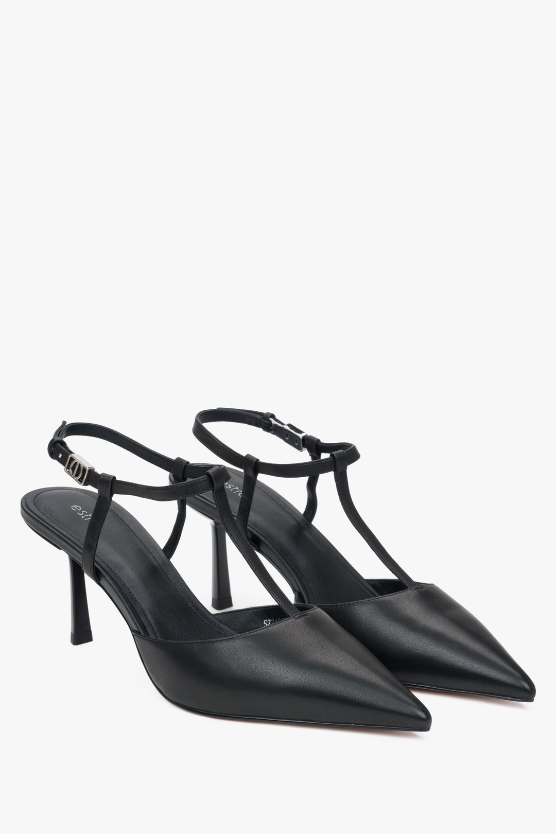 Black leather stiletto slingbacks with pointed toe Estro.