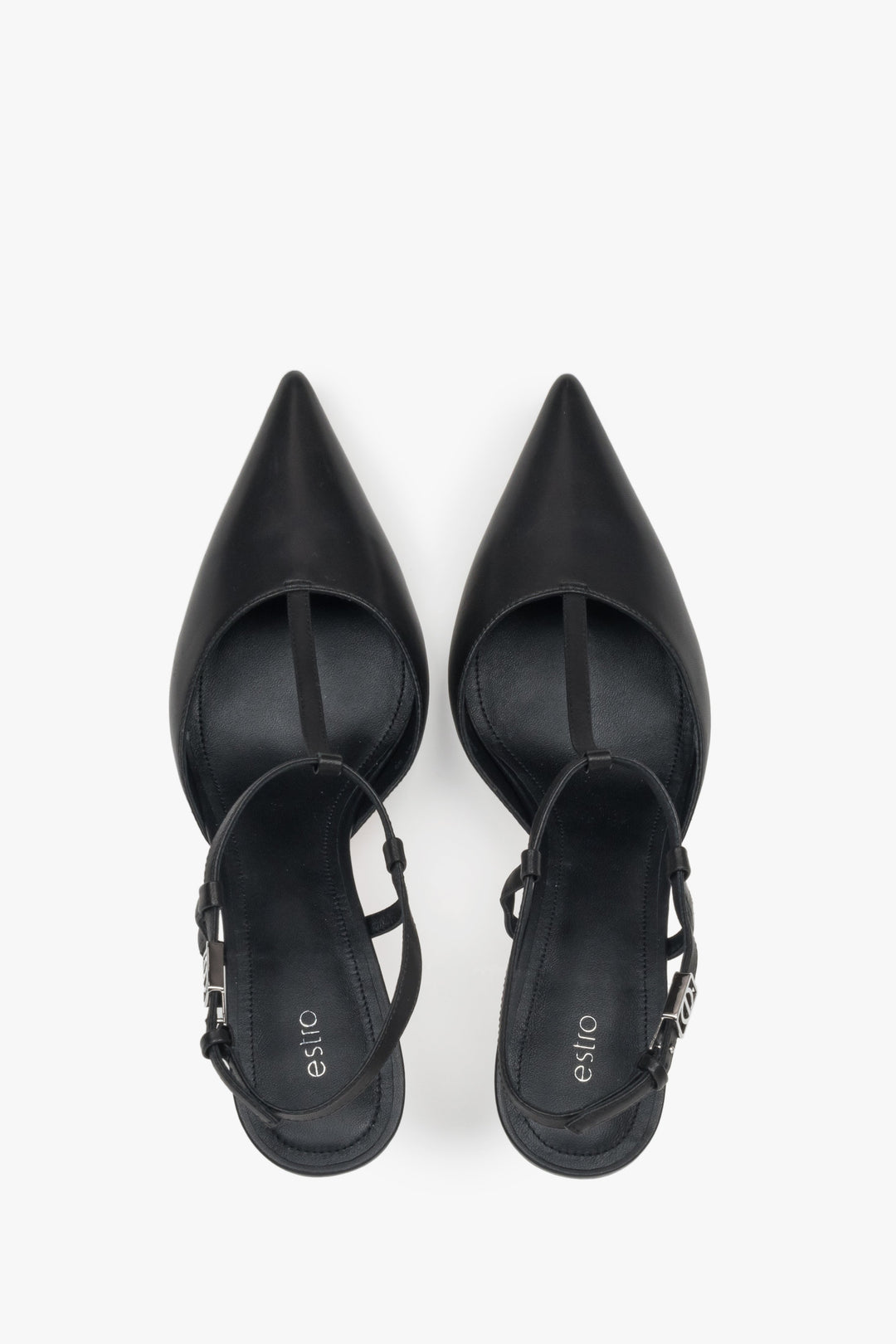 Estro black leather stiletto slingbacks for women.
