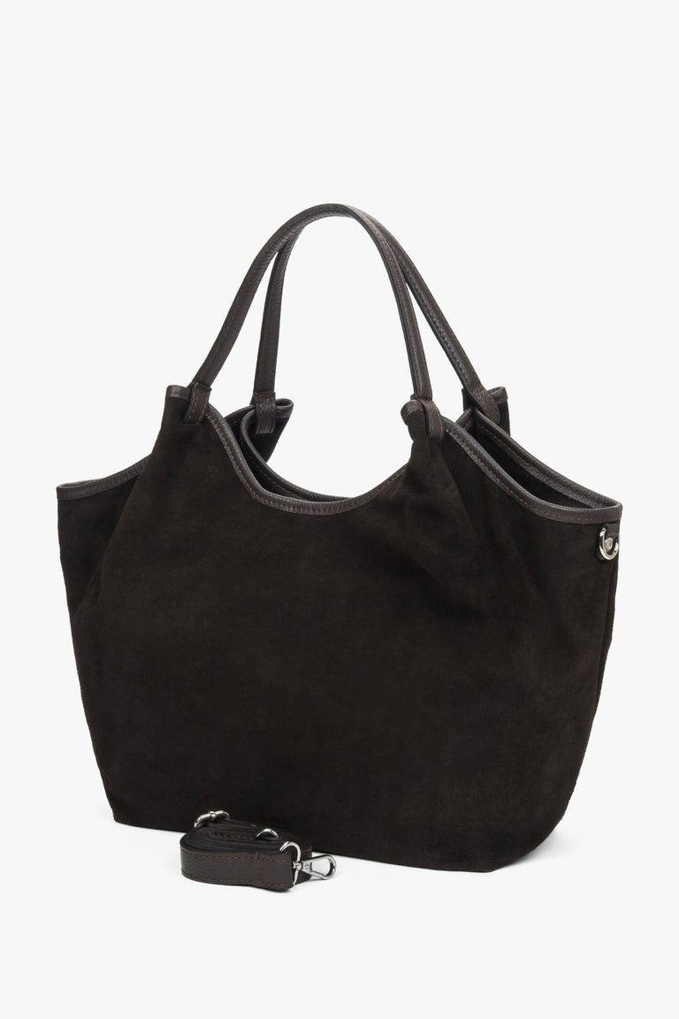 Women's dark brown shopper handbag made of Premium Italian Genuine Velour Estro ER00118337.