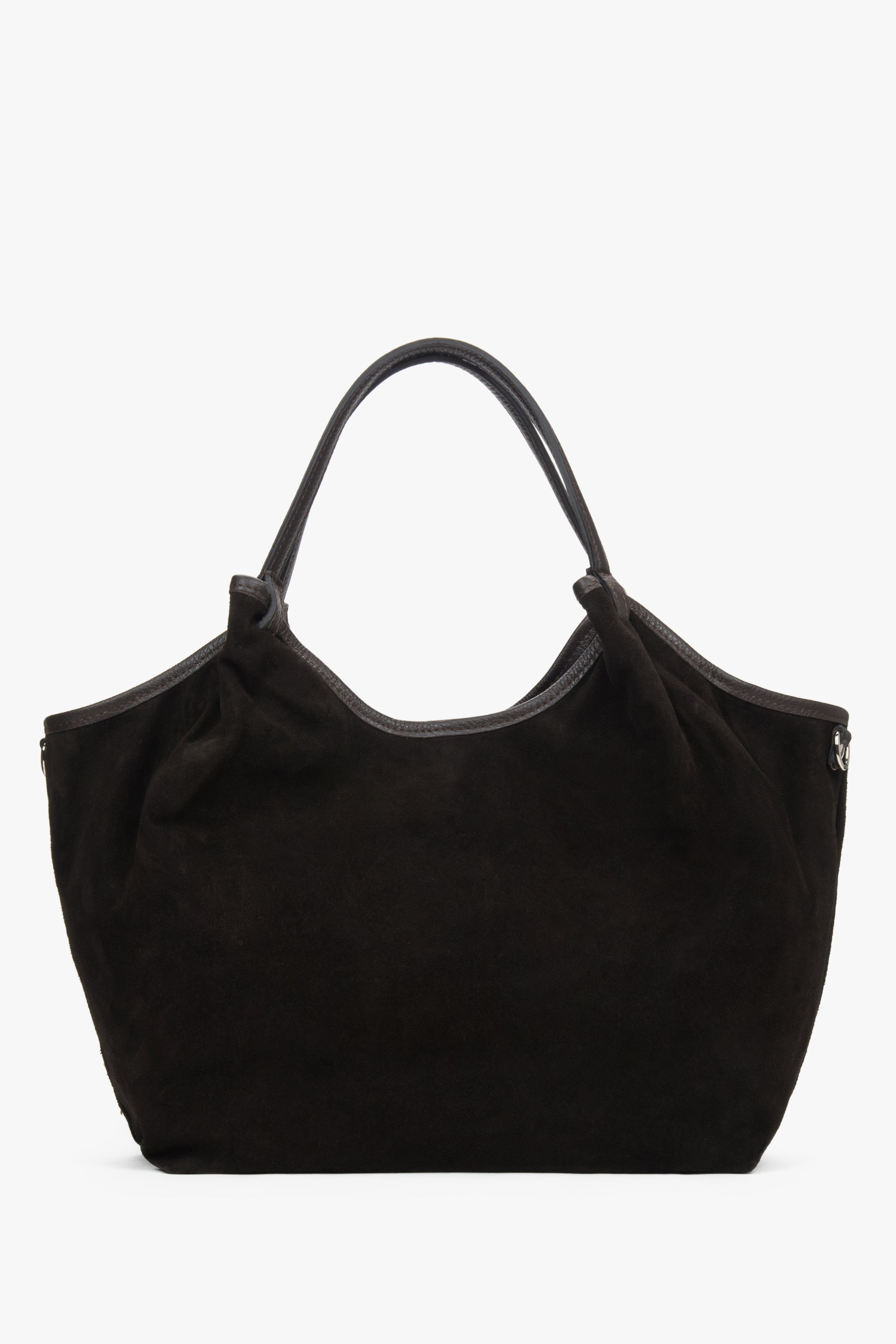 Women's shopper handbag, dark brown, made of Premium Italian Genuine Velour, Estro ER00118337.