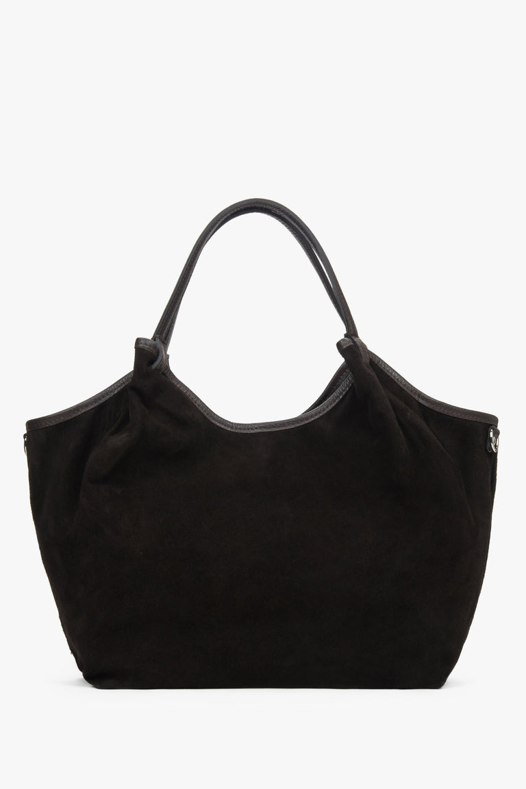 Women's shopper handbag, dark brown, made of Premium Italian Genuine Velour, Estro ER00118337.