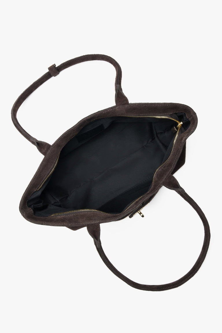 Women's dark brown tote handbag made of Premium Italian Genuine Velour with long handles Estro ER00118347.