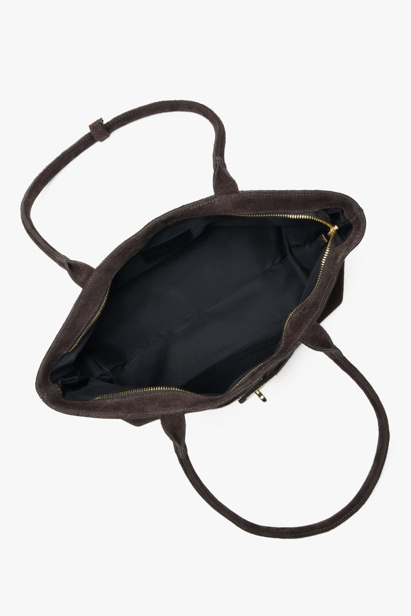 Women's dark brown tote handbag made of Premium Italian Genuine Velour with long handles Estro ER00118347.