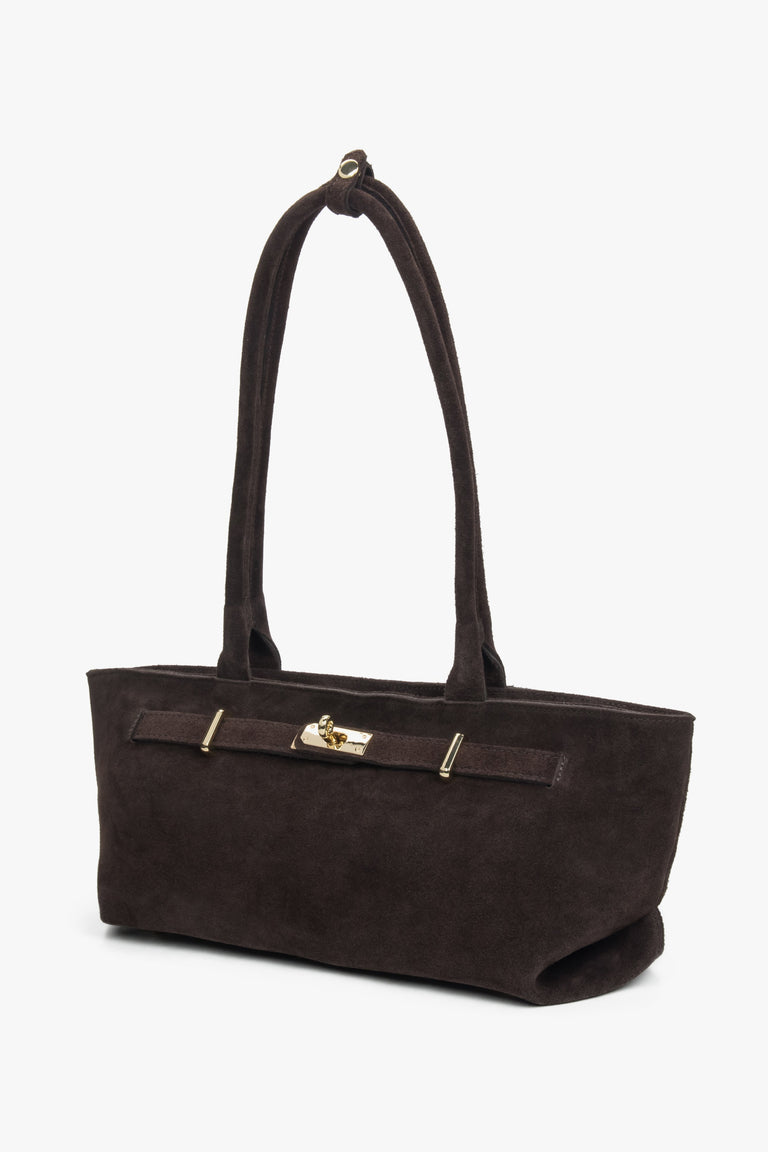 Women's dark brown tote handbag made of Premium Italian Genuine Velour with long handles Estro ER00118347.