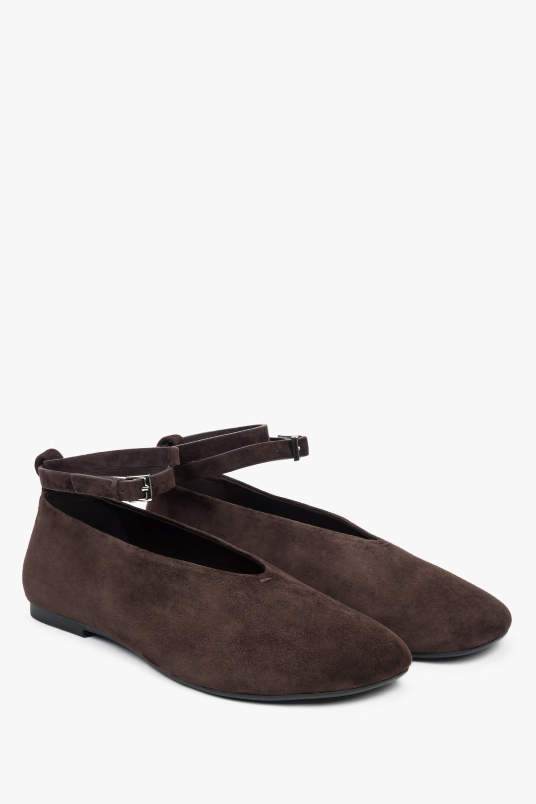 Stylish brown women's ballet flats by Estro, crafted from soft natural velour, featuring a delicate ankle strap that adds a touch of girlish charm.