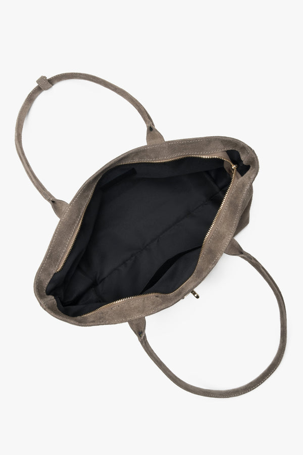 Women's dark grey tote handbag made of Premium Italian Genuine Velour with long handles.