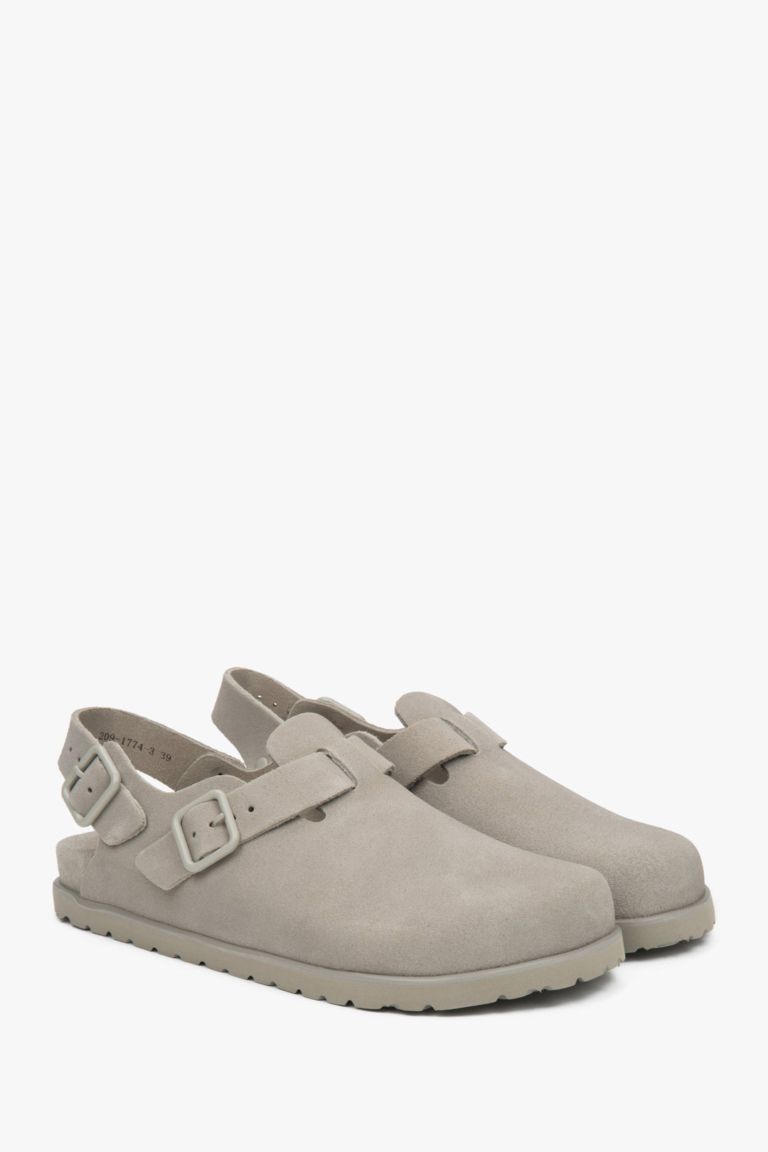 Light grey velour clog sandals for women by Estro.