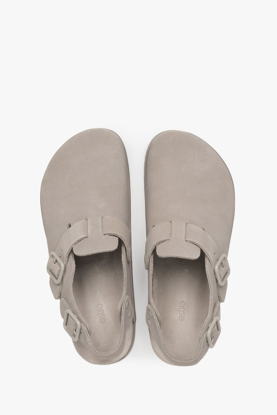Women's light grey velour clogs by Estro.