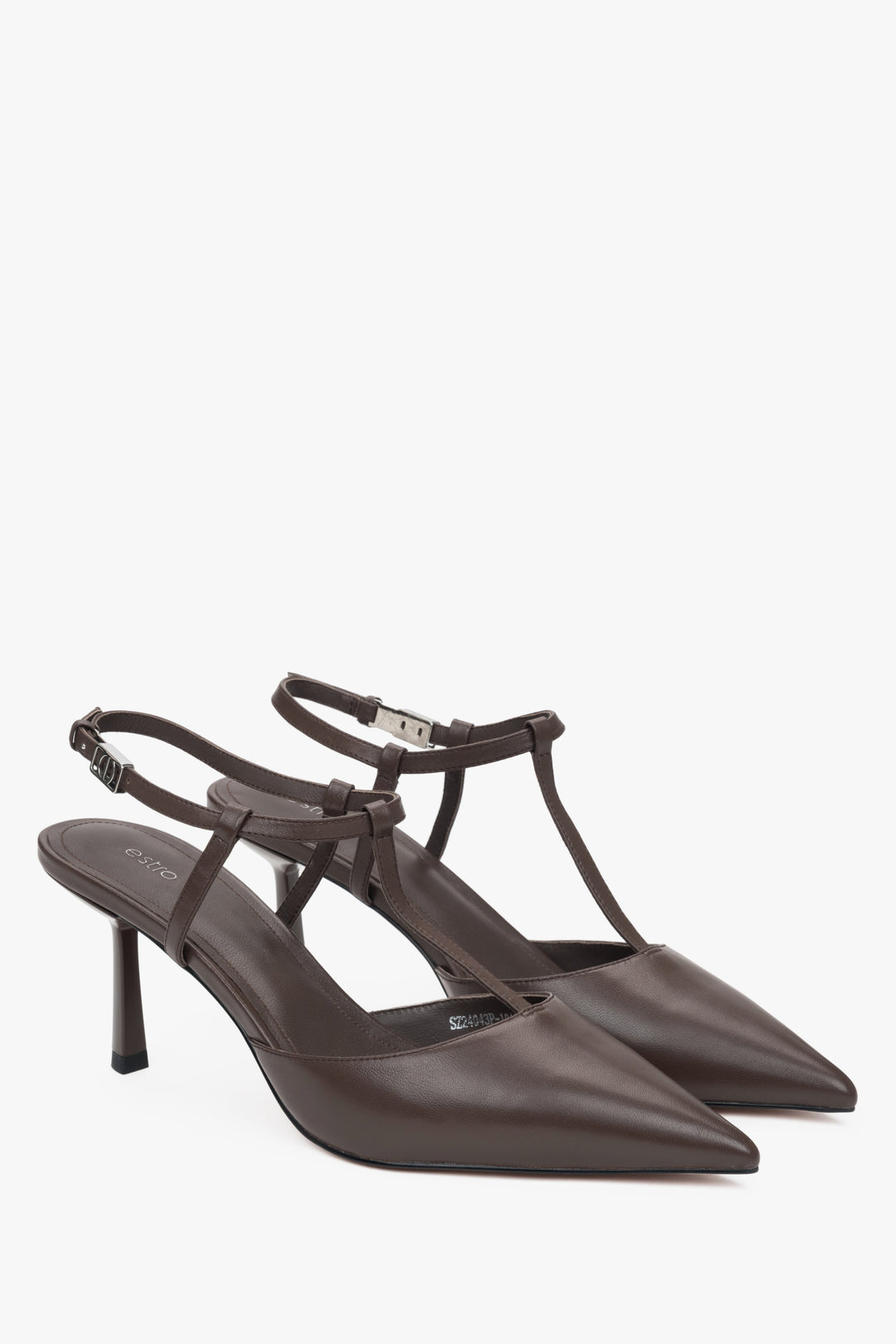 Saddle brown leather stiletto slingbacks with pointed toe Estro.