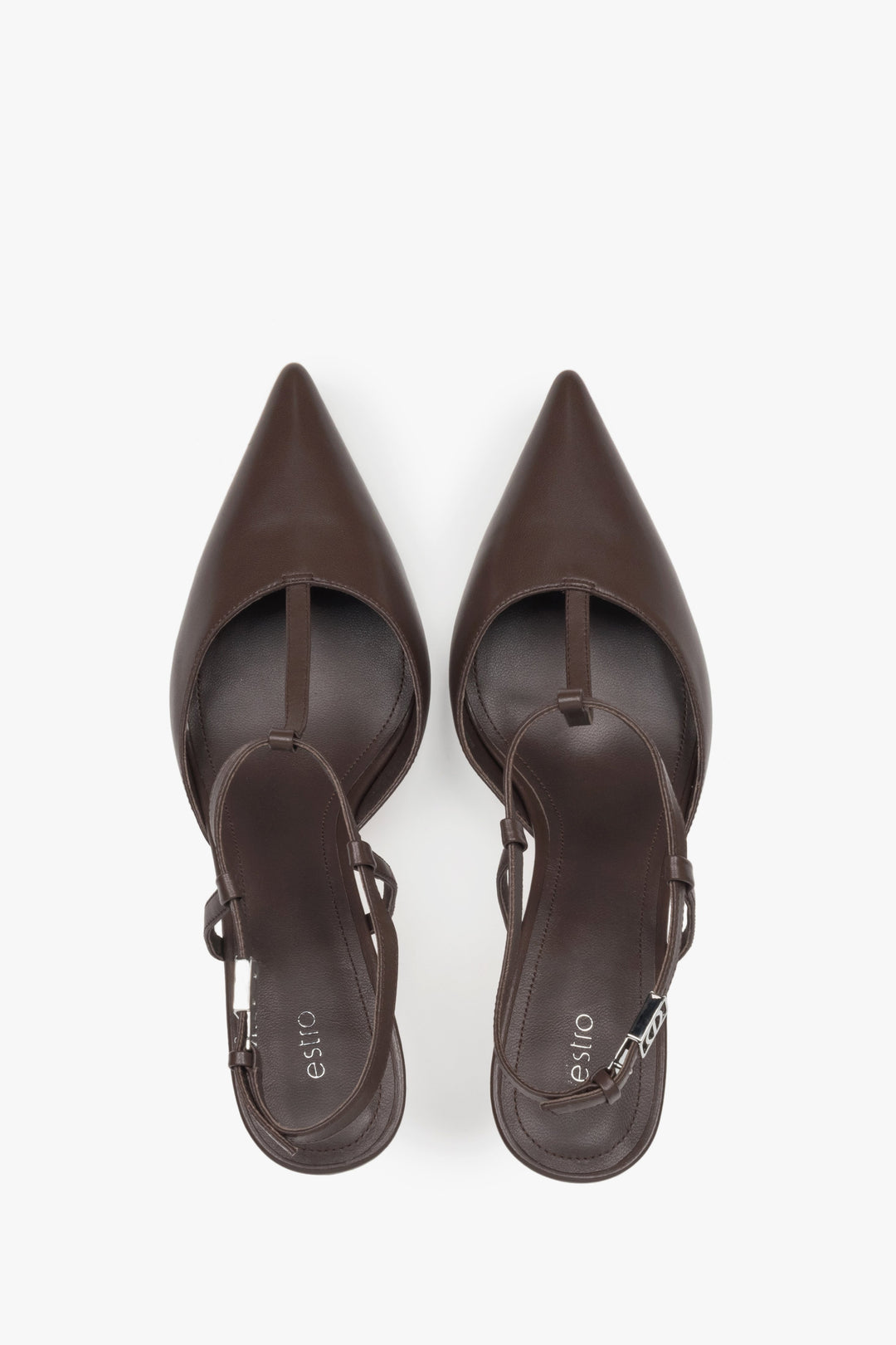 Estro saddle brown leather stiletto slingbacks for women.