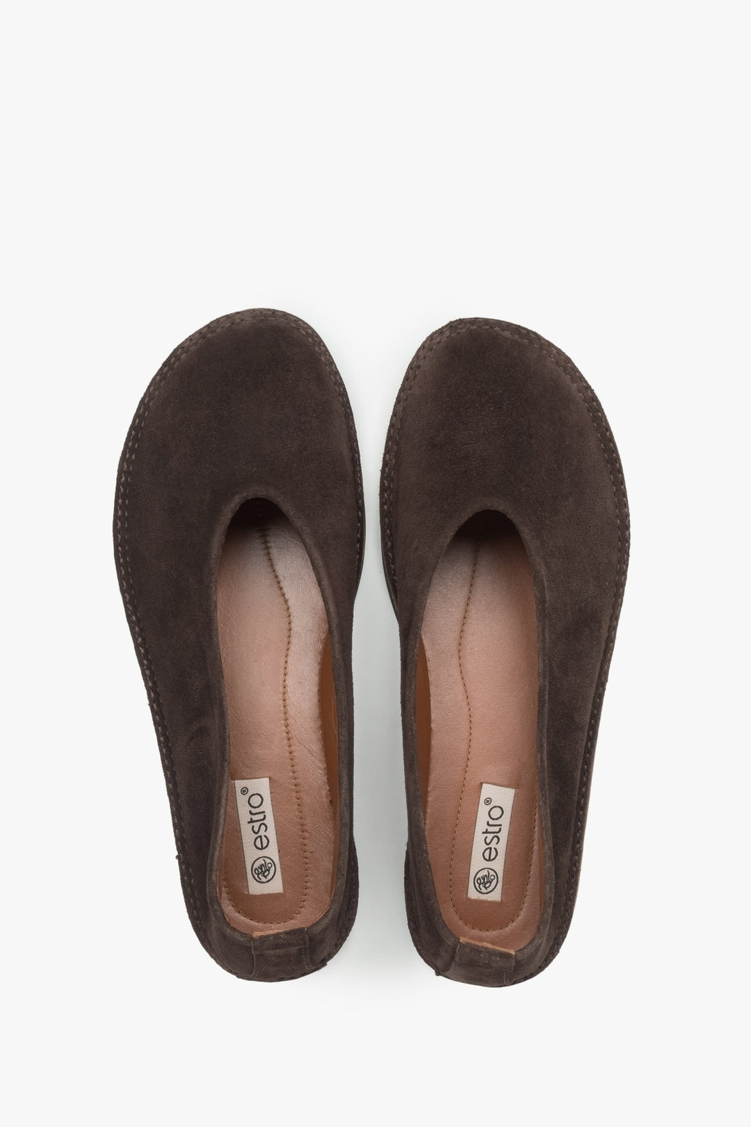 Saddle brown velour ballet flats from Estro, the perfect combination of comfort and style.