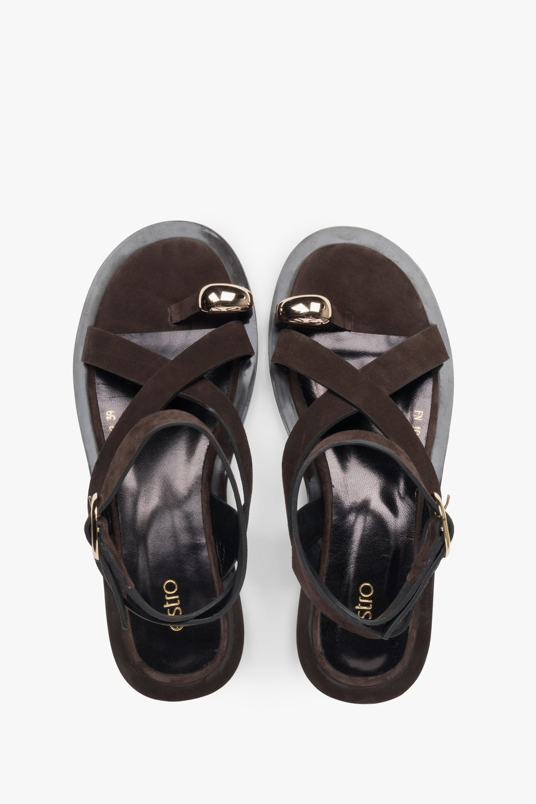 Saddle brown velour sandals from Estro, featuring a strappy design and a trendy toe ring.