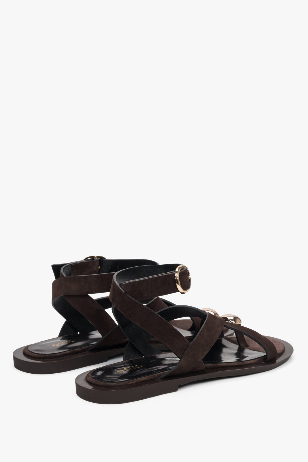 Saddle brown velour women's sandals by Estro, offering a unique and fashionable look with their strappy design and subtle toe ring.