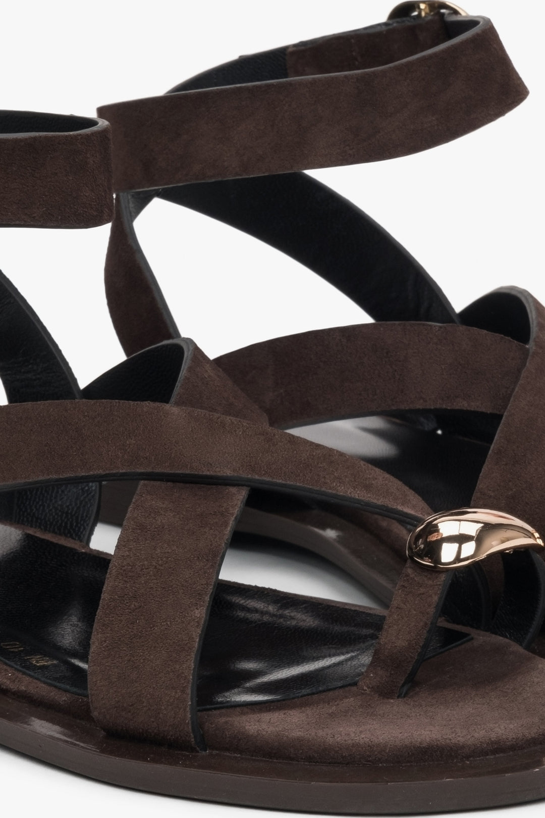 Elegant and comfortable women's strappy sandals from Estro, crafted in soft saddle brown velour and finished with a delicate toe ring detail.