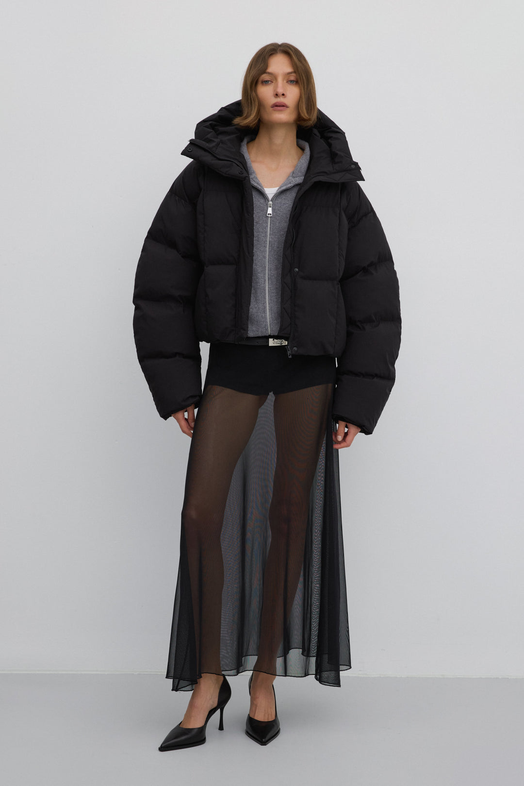 Short black women's puffer jacket with high collar for winter Estro ER00117988.