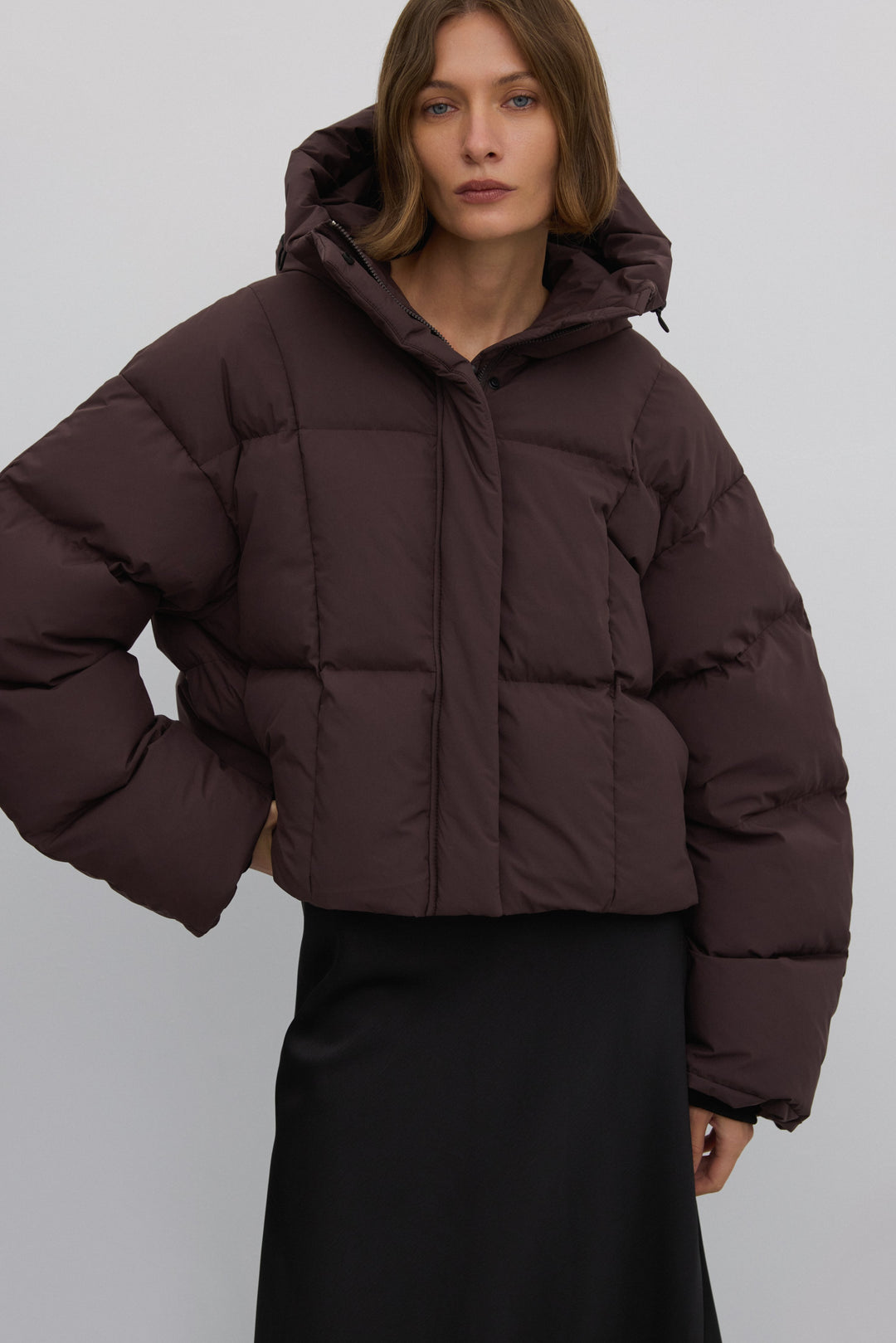 Women's Short Dark Brown Puffer Jacket with High Collar for Winter Estro ER00117989.