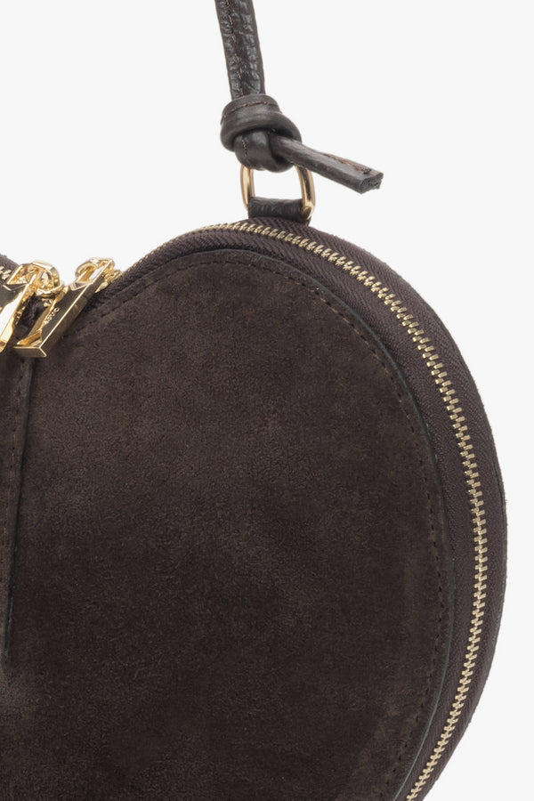Women's small dark brown heart-shaped handbag made of genuine velour.