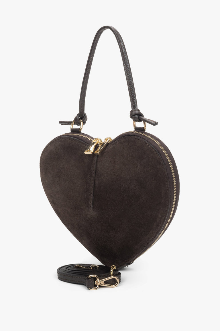 Women's small dark brown heart-shaped handbag made of genuine velour Estro ER00118338.