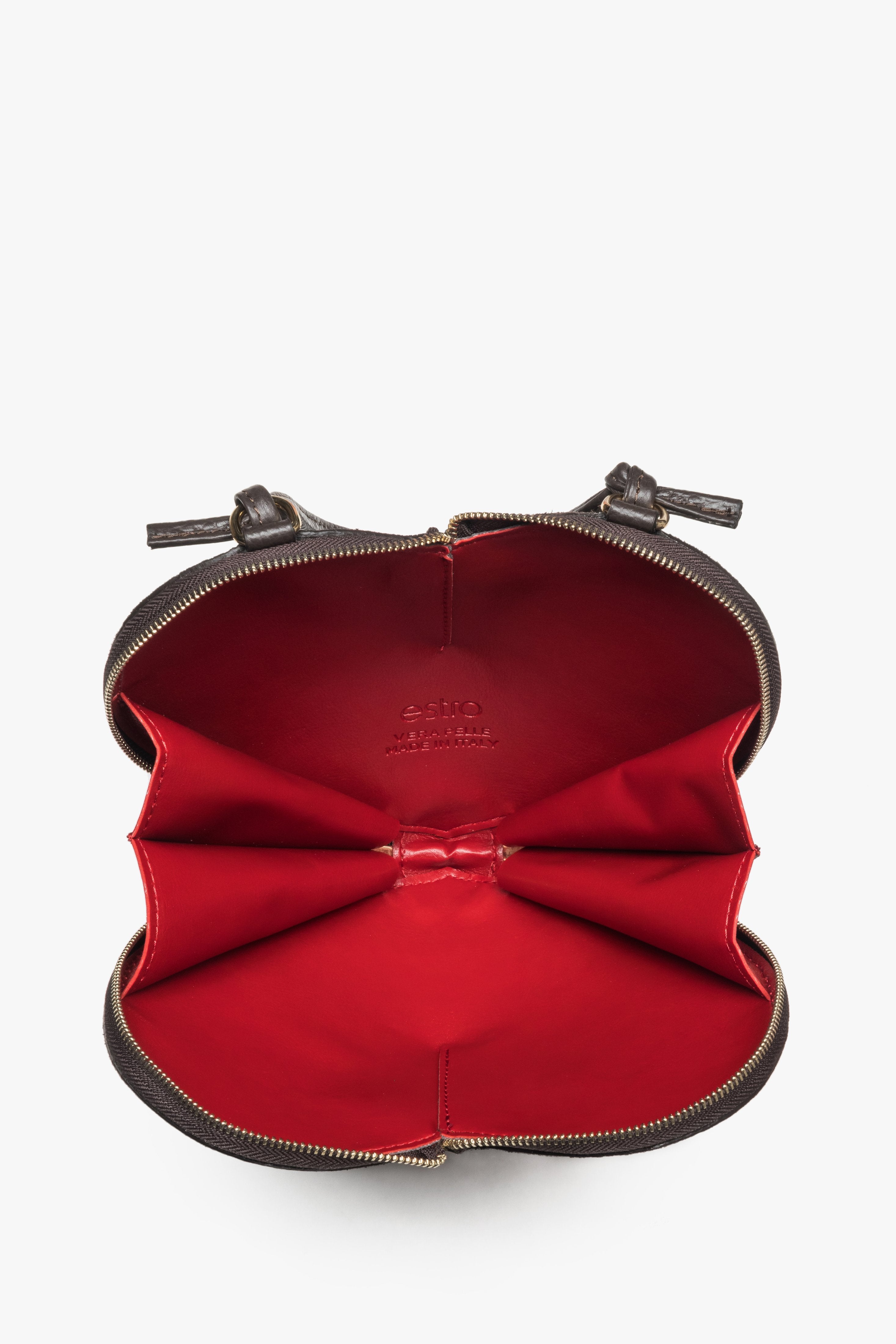 Women's heart-shaped handbag, small, dark brown, made of genuine velour, Estro ER00118338.
