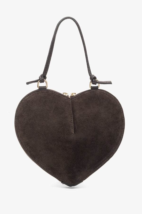 Made of genuine velour, women's small dark brown heart-shaped handbag Estro ER00118338.