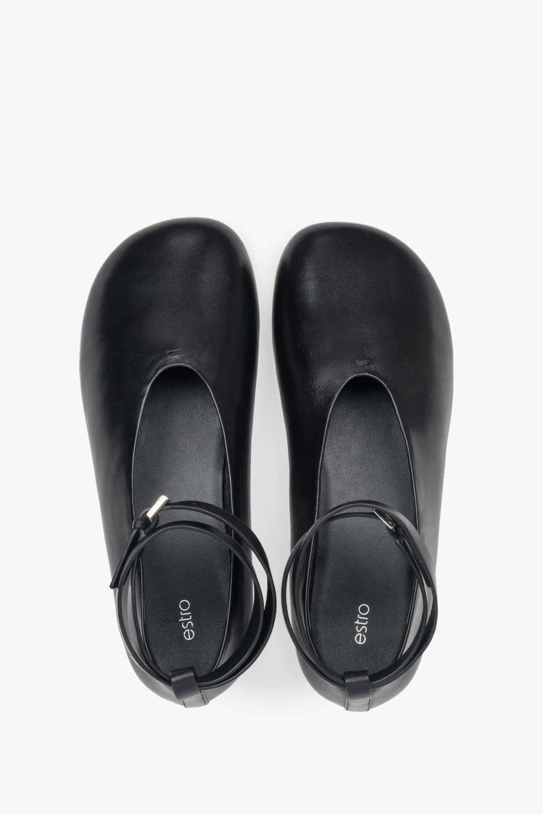 Estro soft black leather ballerina shoes with ankle strap.