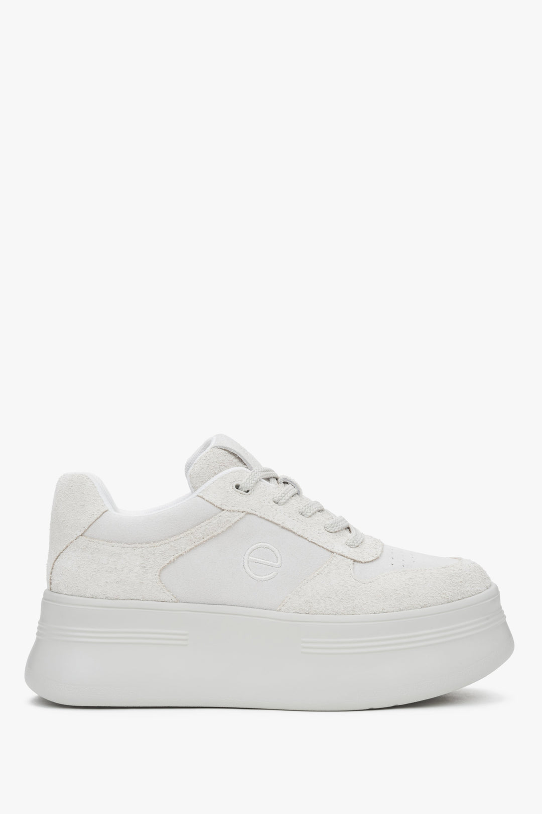 White and grey velour sneakers with chunky sole.