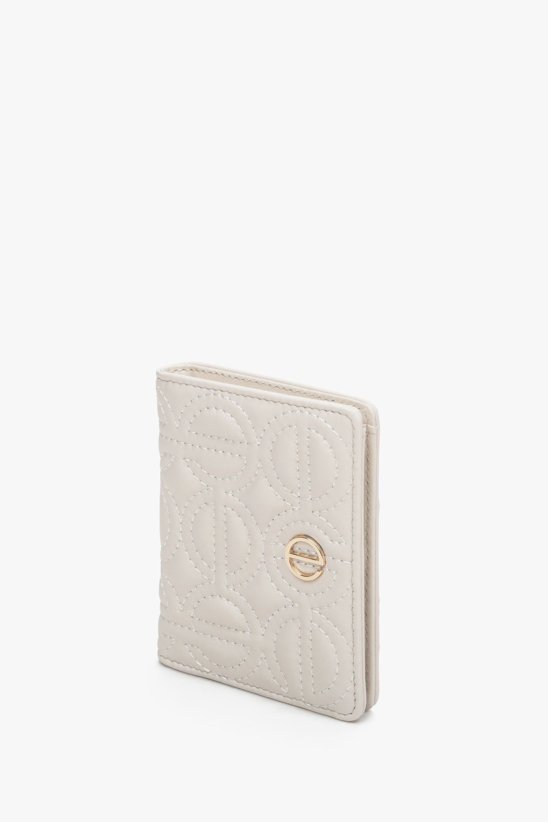 Leather, small women's card wallet in light beige with gold accents by Estro.
