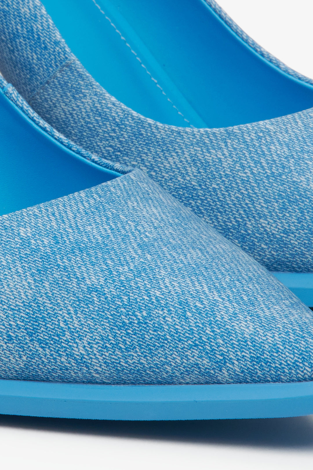 Blue textured denim women's pumps by Estro - close-up on detail.