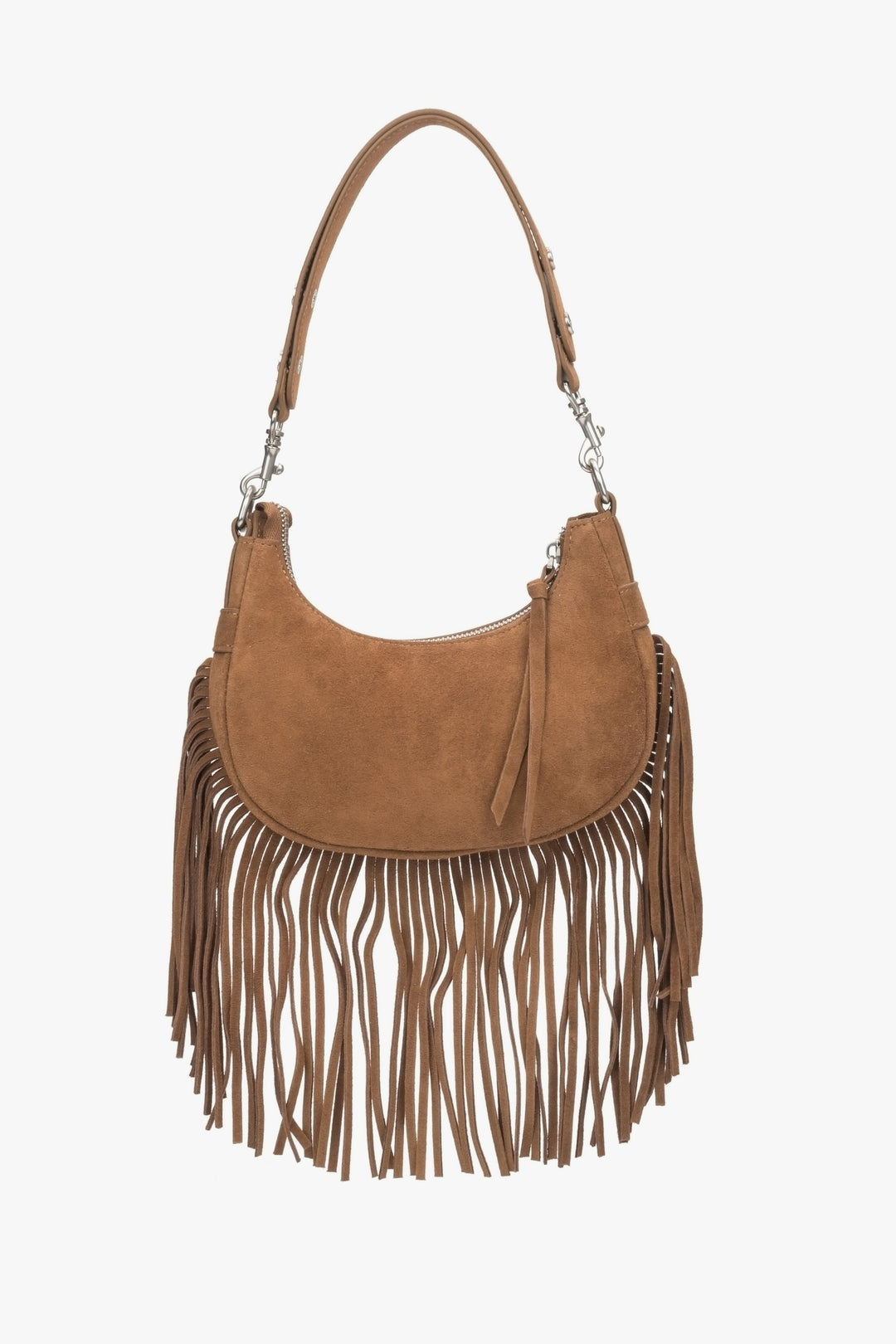 Women's Brown Shoulder Bag made of Genuine Velour with Fringes Estro ER00116831.