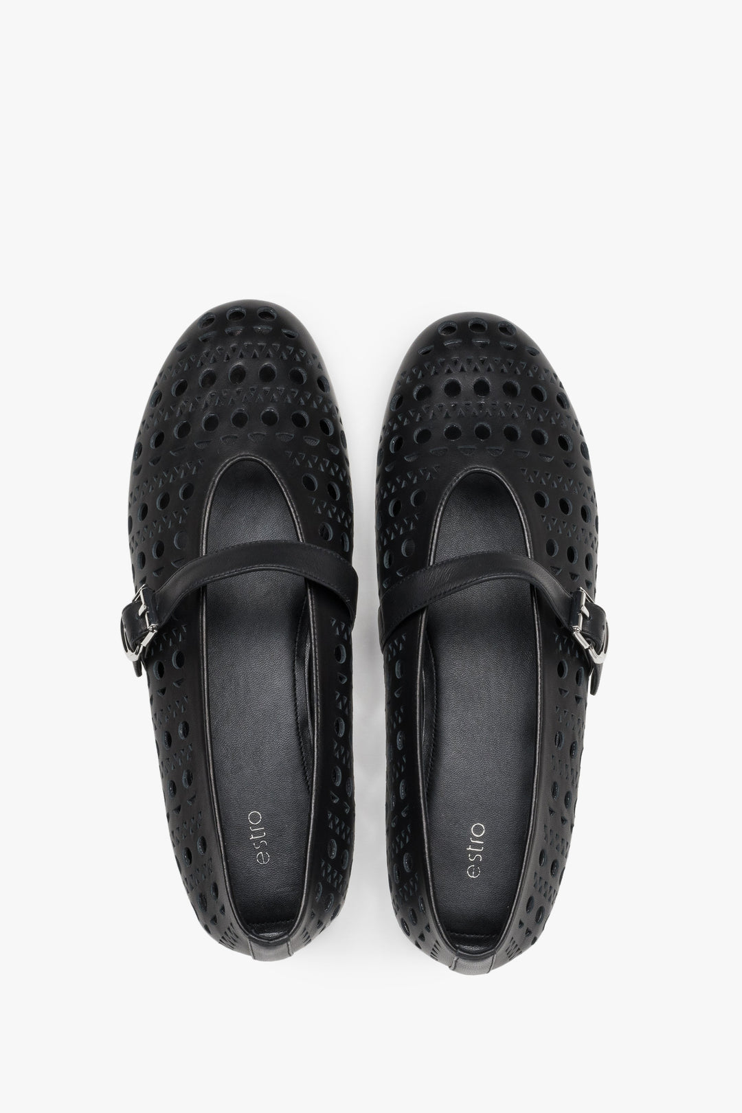 Comfortable black perforated Estro women's ballet flats made of genuine leather - top view presentation.