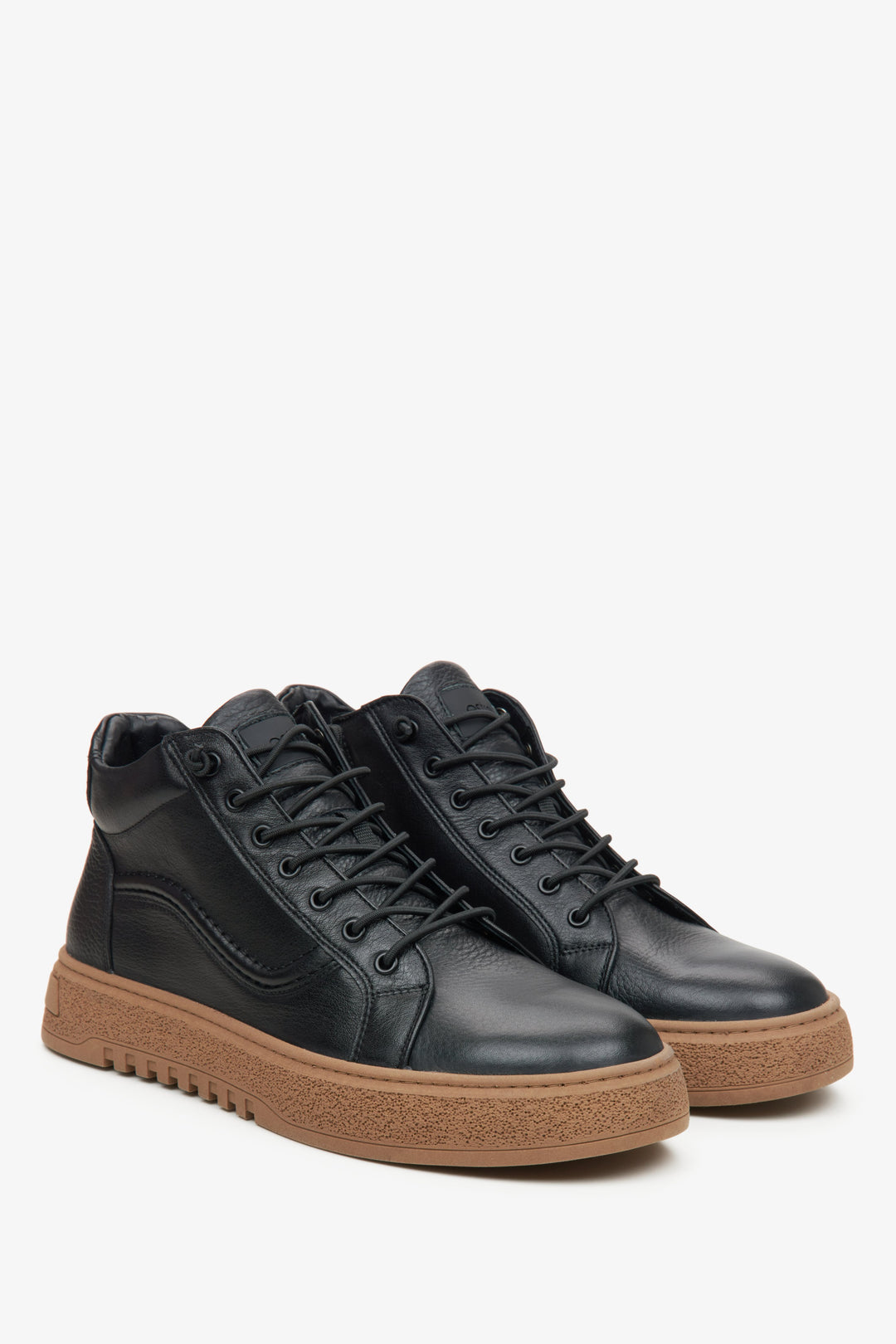 Men's High-Top Black Sneakers made of Genuine Italian Leather with Brown Sole Estro