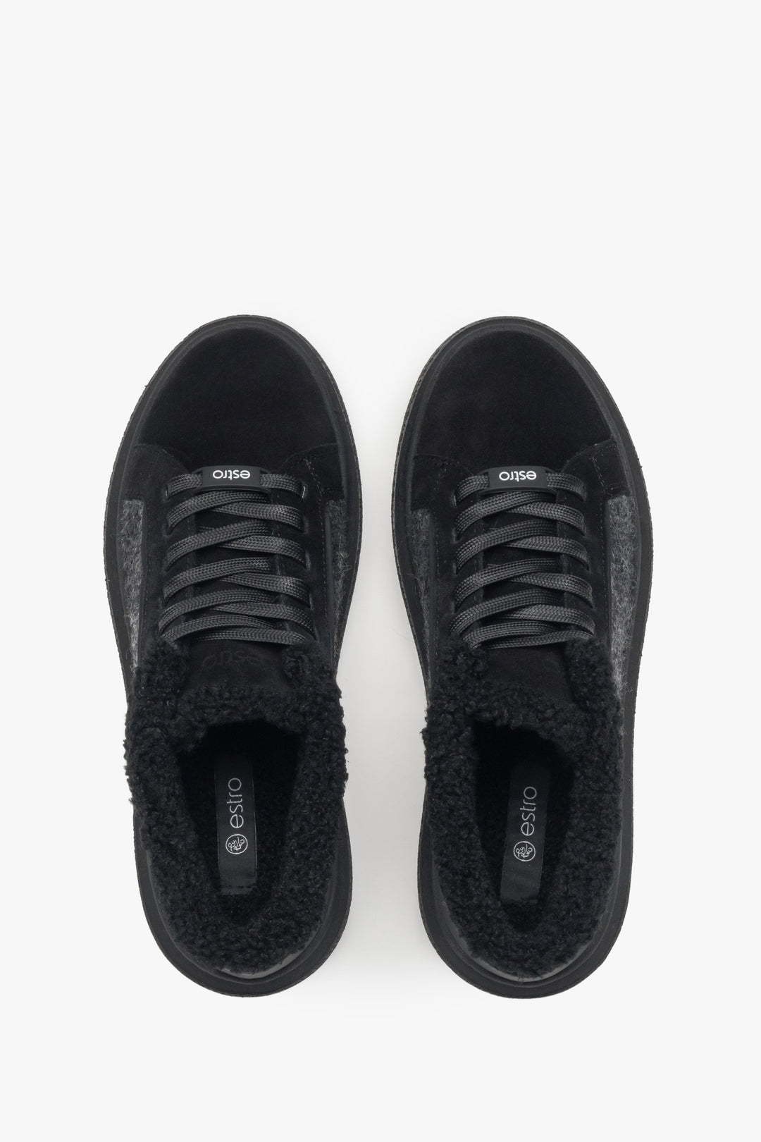 Women's black insulated winter sneakers by Estro - top view of the model.