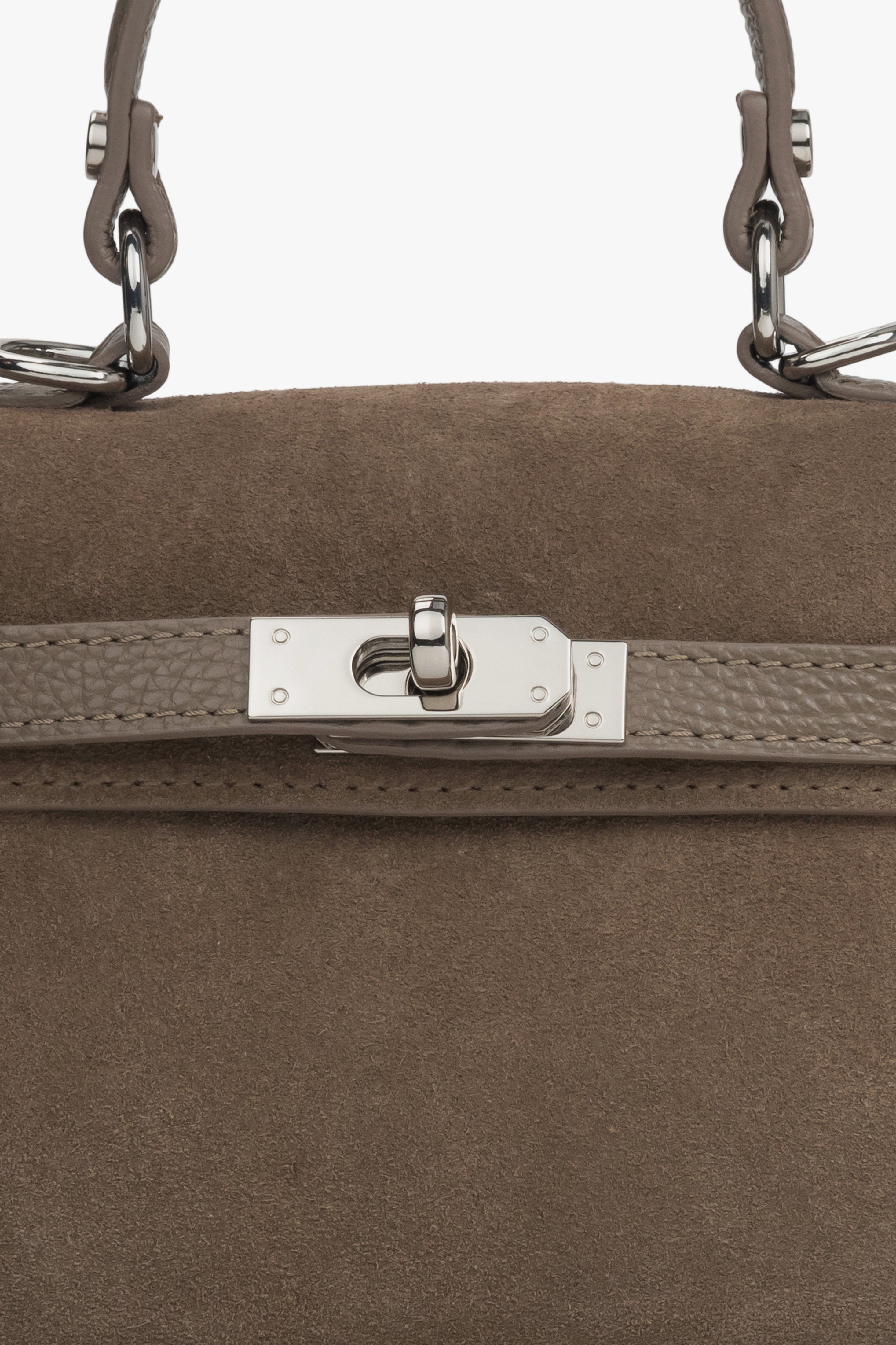 Made of Premium Italian velour — dark beige women’s satchel handbag with silver hardware, Estro.