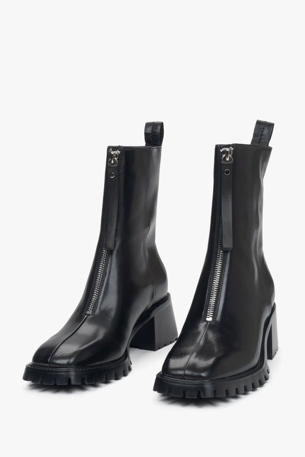 Women's black ankle boots with a low heel made of genuine leather by Estro - front view of the shoes.