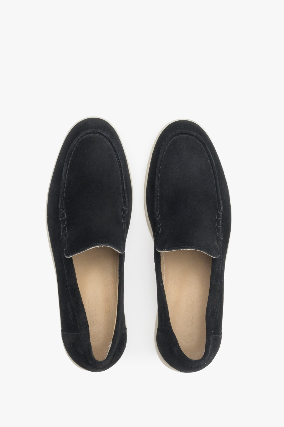 Feminine black velour loafers - presentation of the footwear from above.