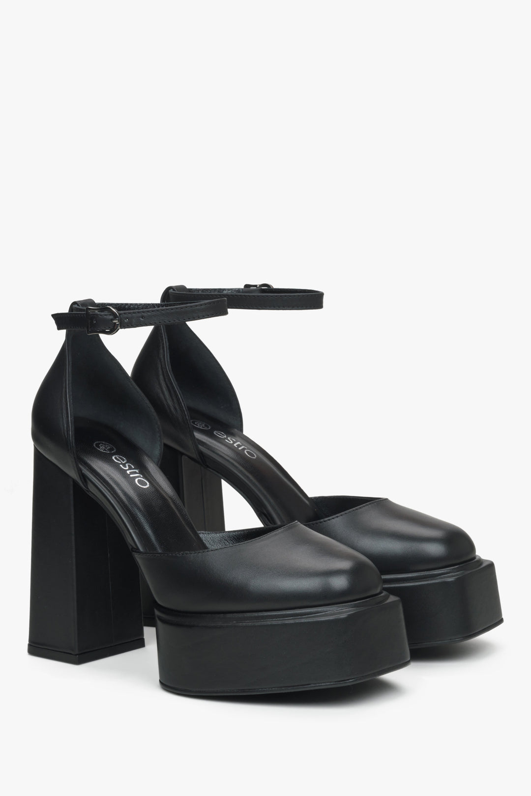Women's black leather platform sandals.