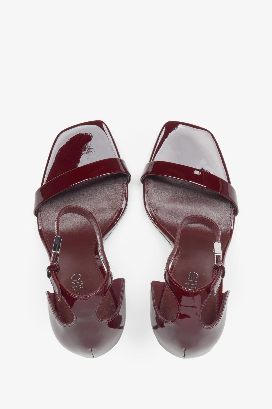 Burgundy women's sandals made of patent natural leather with a high heel by Estro.