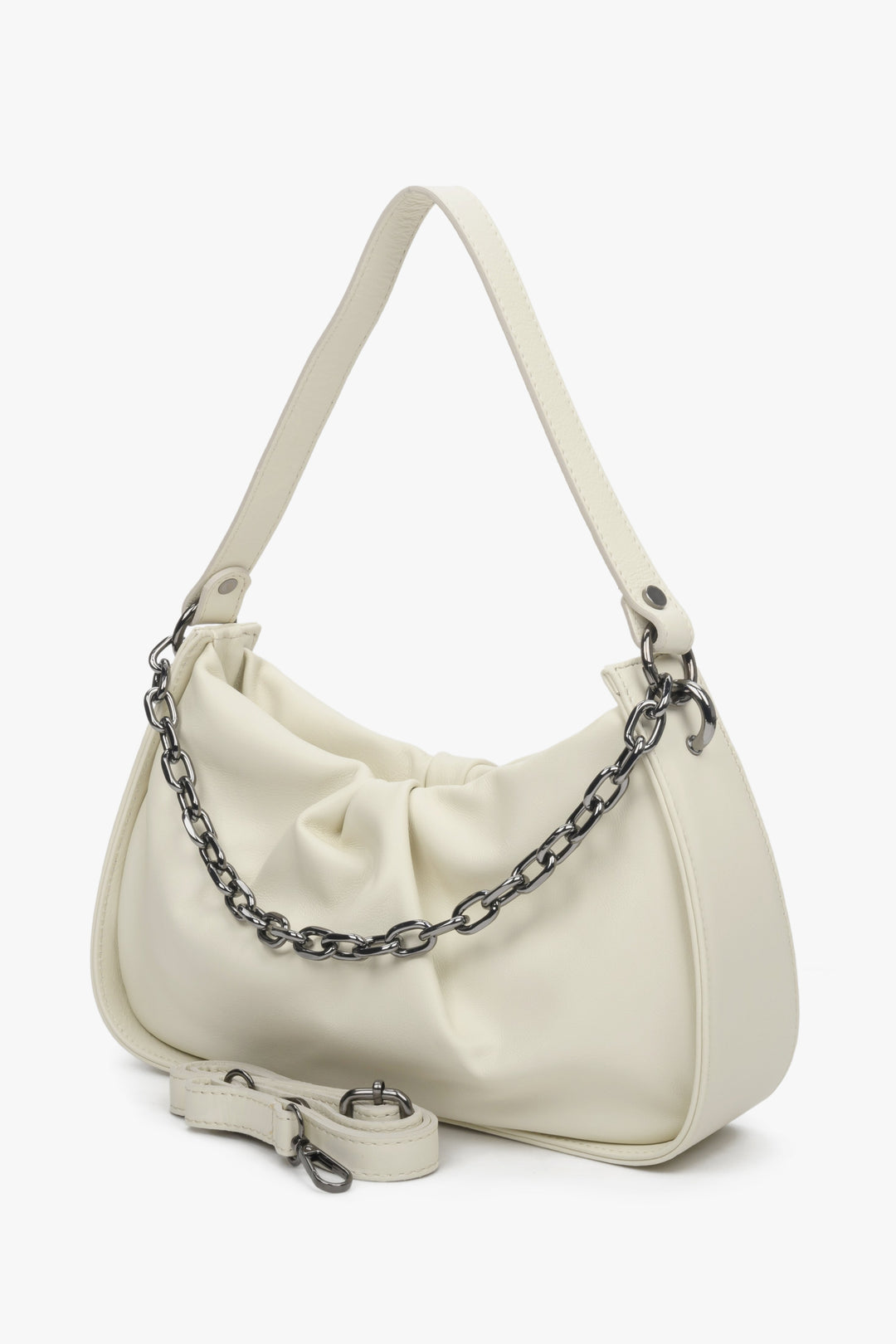 Women's white shoulder bag made of genuine leather with a chain strap.