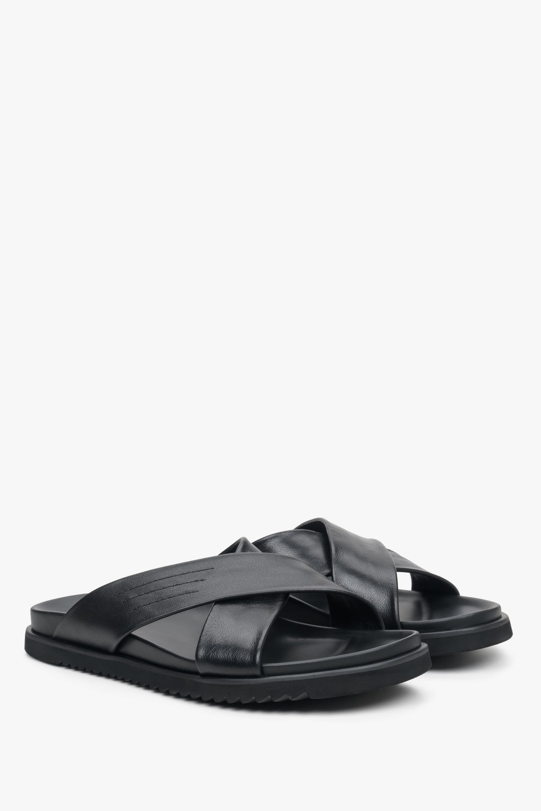 Men's black sandals by Estro made of genuine and synthetic leather.