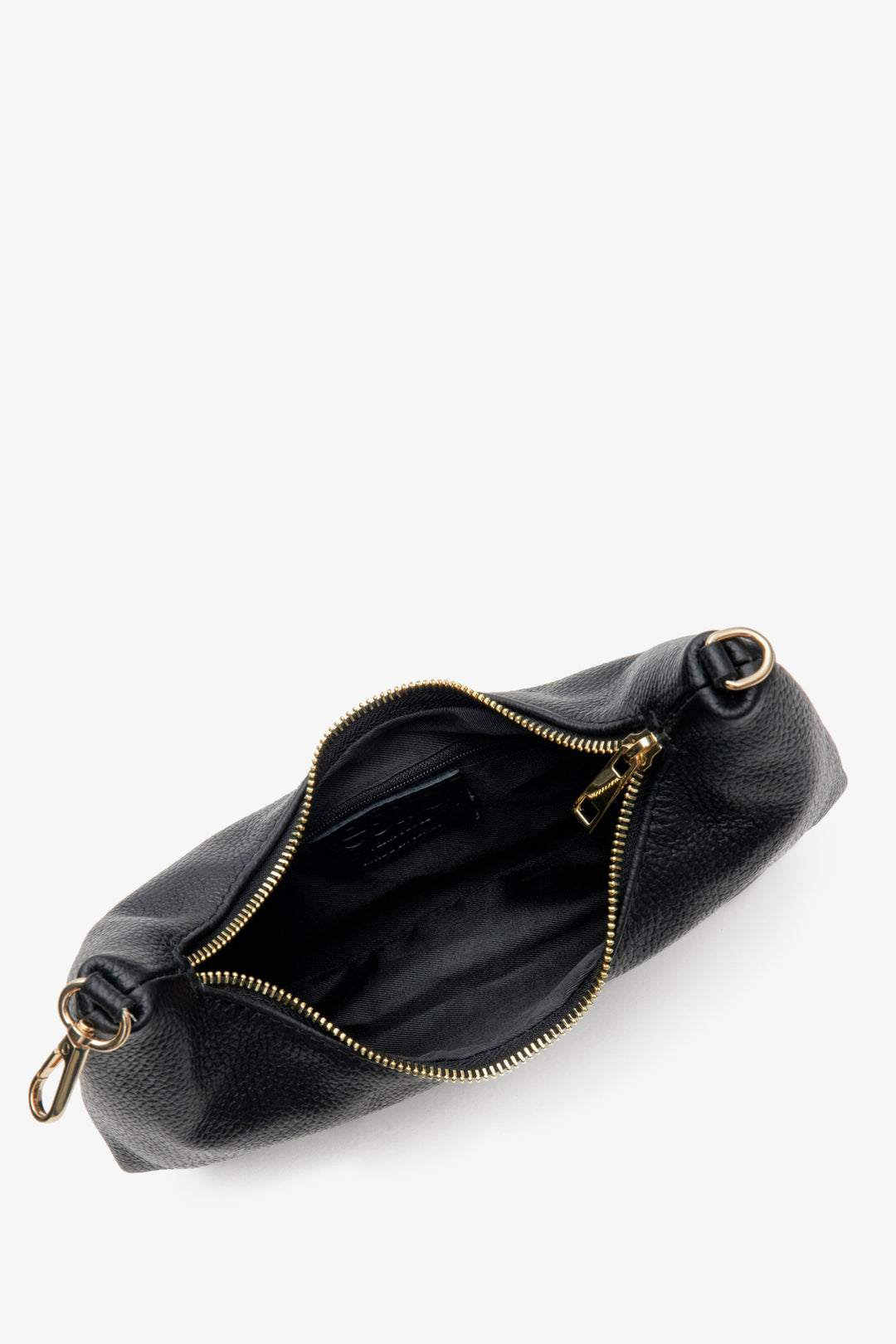 Women's small black handbag by Estro with a golden chain.