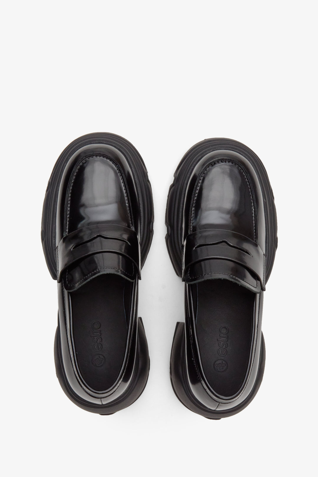 Women's black leather moccasins with a very thick sole by Estro - top view presentation.