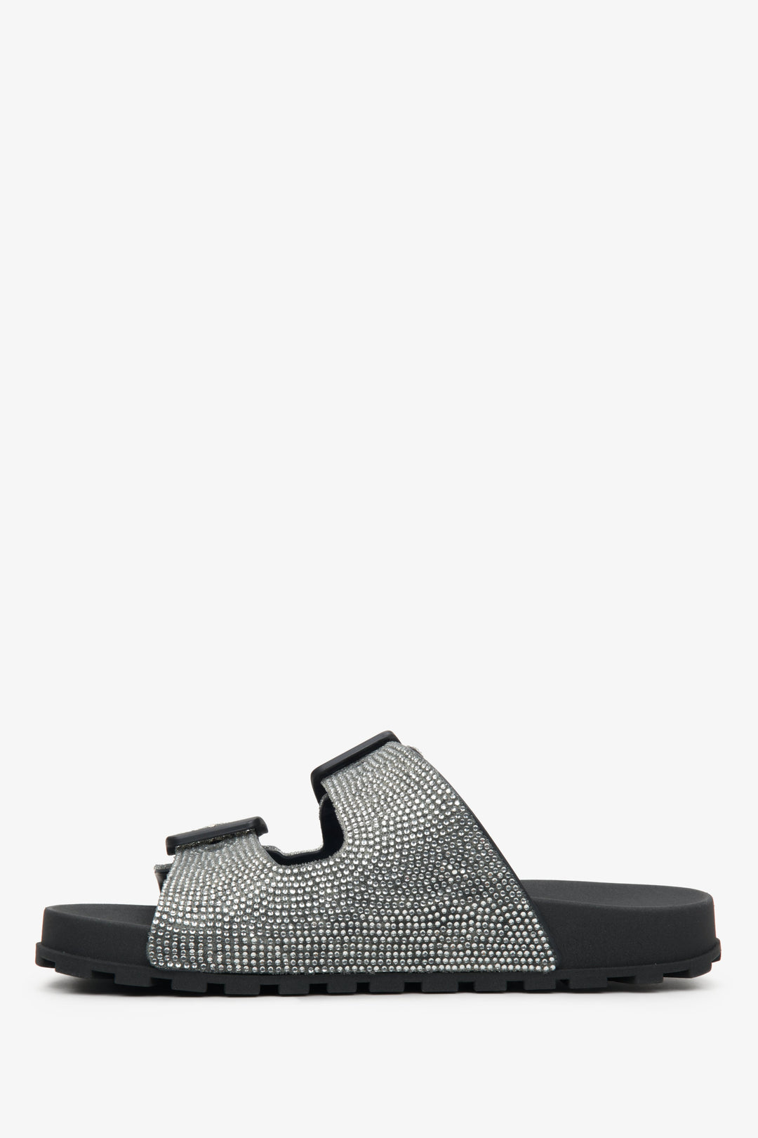 Women's black rubber flip-flops with decorative rhinestones by Estro - shoe profile.