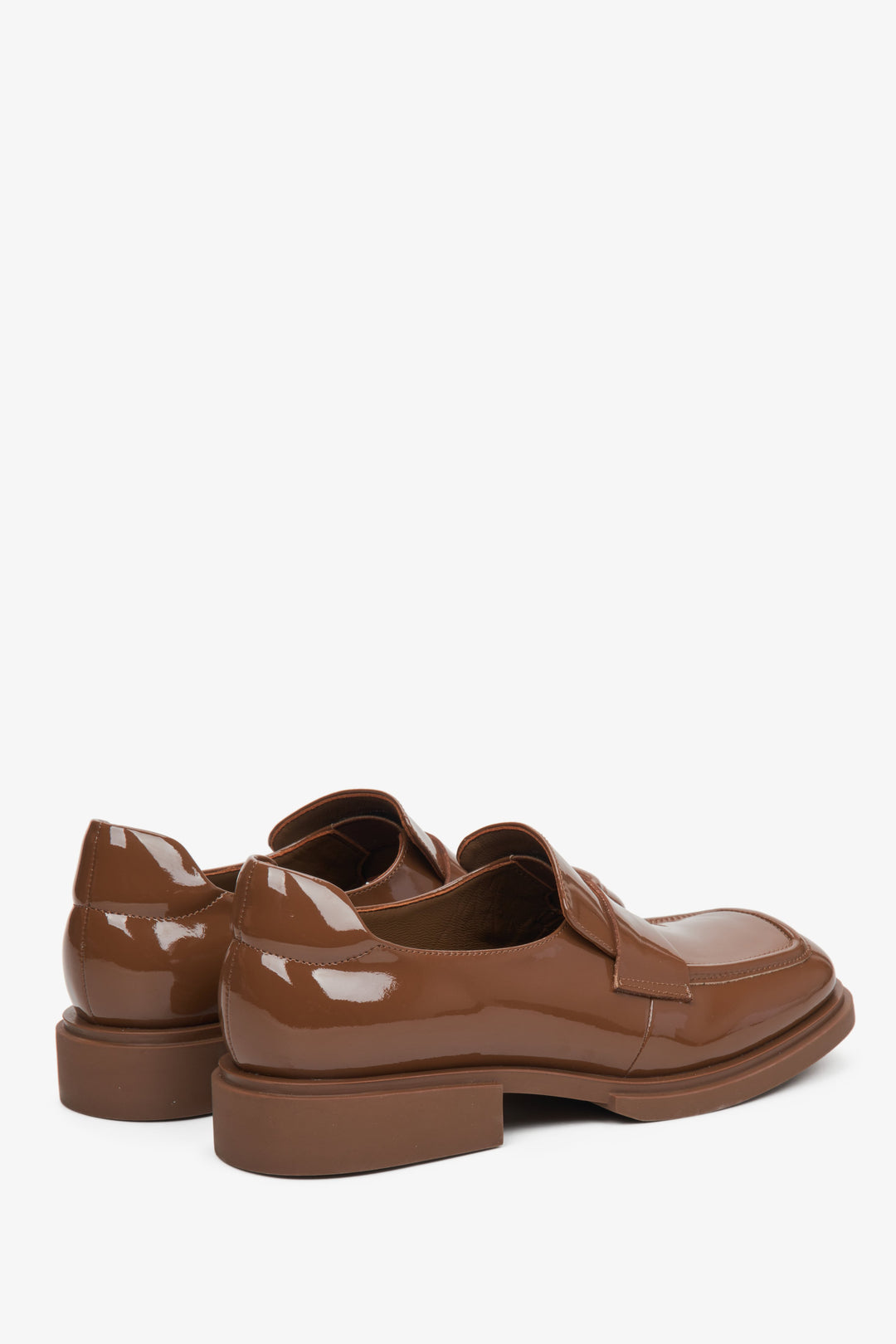 Women's brown, patent leather moccasins with a square toe - side view and heel.