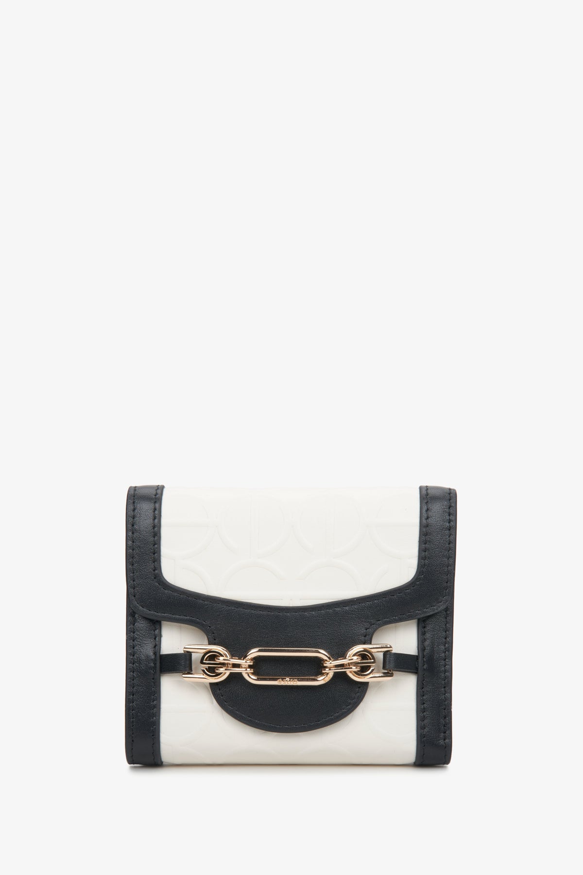 Women's Tri-Fold Small Black & Beige Wallet with Gold Buckle Estro ER00114465.