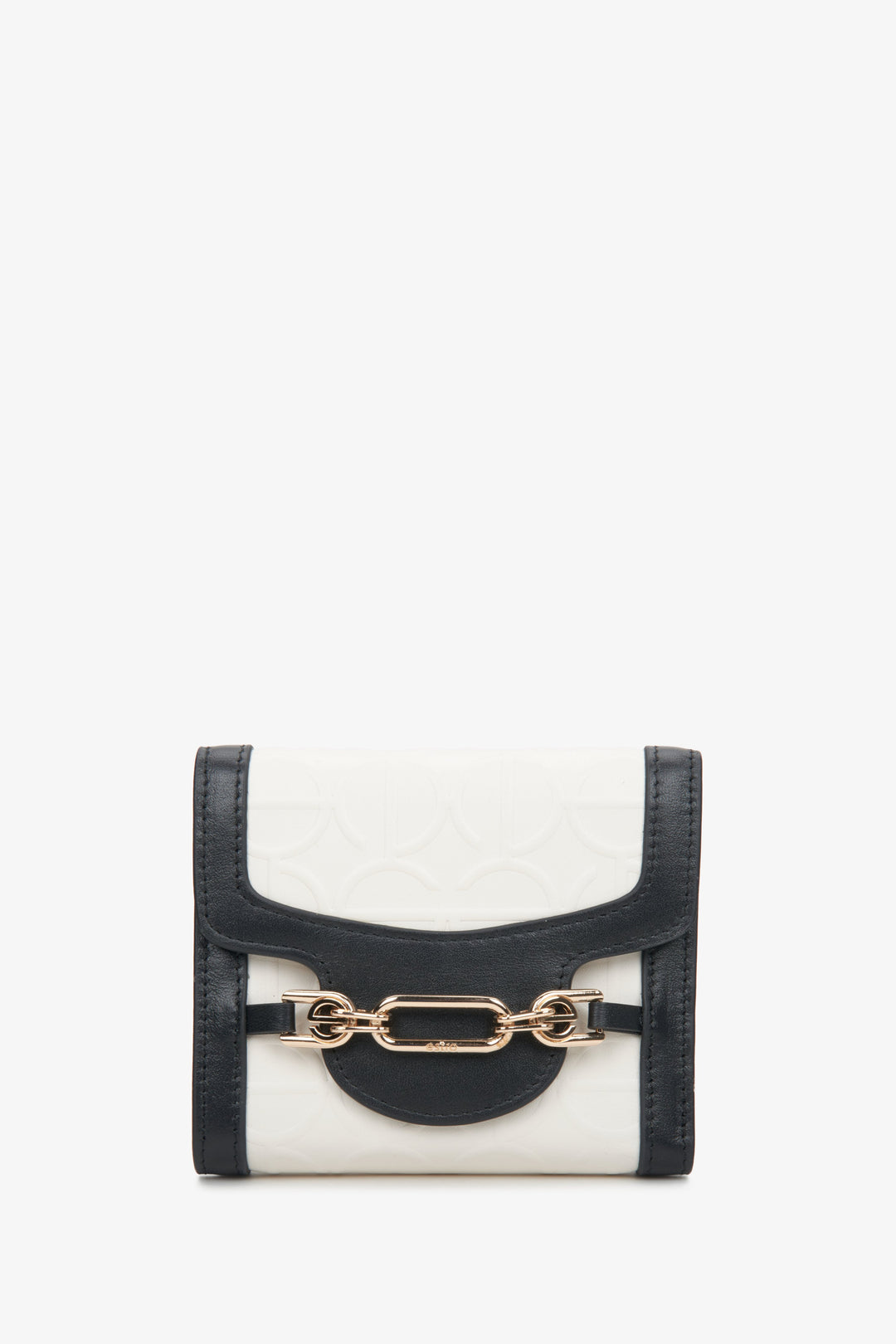 Women's Tri-Fold Small Black & Beige Wallet with Gold Buckle Estro ER00114465.