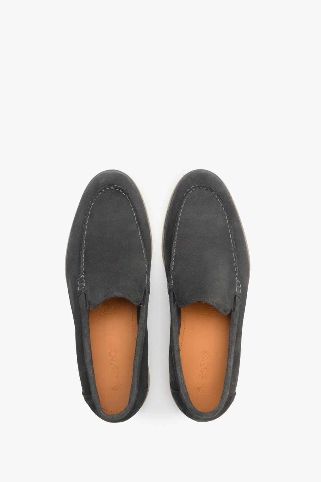 Estro men's grey velour loafers - top view shoe presentation.